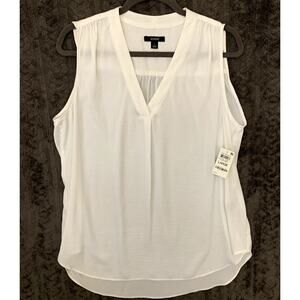 White Sleeveless Blouse V Neck Gathered Soft Light Flowy Size L NWT